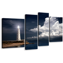 Load image into Gallery viewer, Lighthouse Beacon Canvas Print, Night Grey Ocean Twilight Canvas Wall Art, White Clouds 4 Piece Canvas
