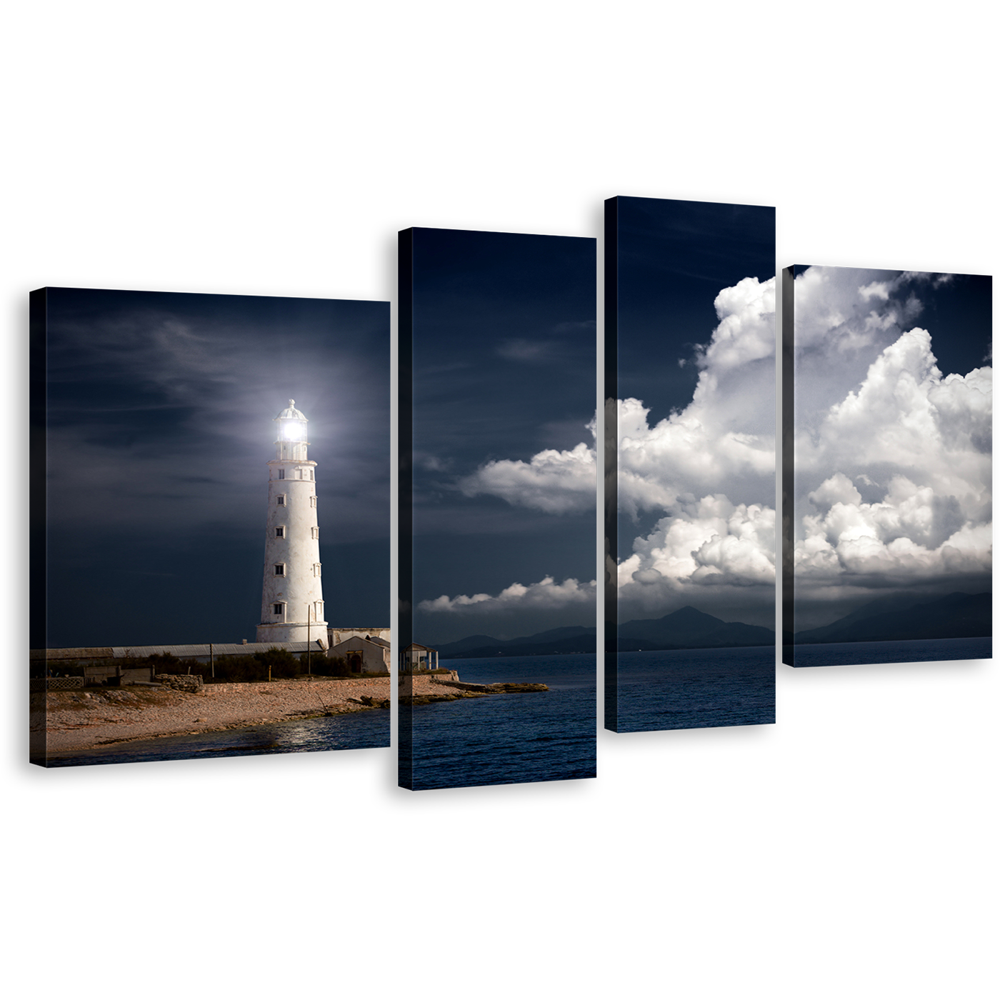 Lighthouse Beacon Canvas Print, Night Grey Ocean Twilight Canvas Wall Art, White Clouds 4 Piece Canvas