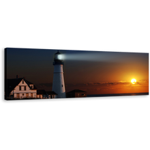 Load image into Gallery viewer, Lighthouse Beacon Canvas Wall Art, White Portland Head Light 1 Piece Canvas Print, Lighthouse Cliff Houses Orange Sunset Canvas Artwork
