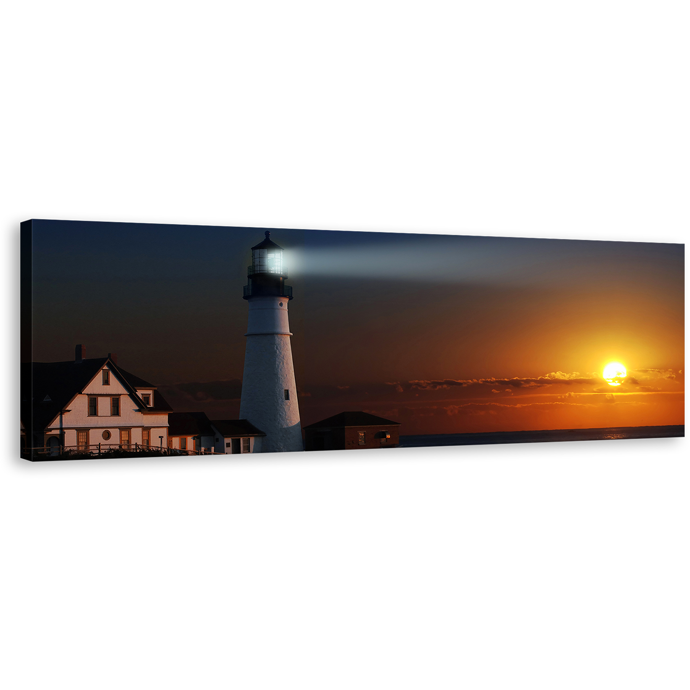 Lighthouse Beacon Canvas Wall Art, White Portland Head Light 1 Piece Canvas Print, Lighthouse Cliff Houses Orange Sunset Canvas Artwork