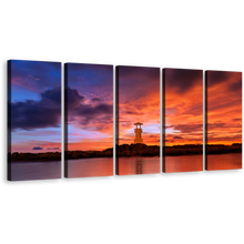 Load image into Gallery viewer, Lighthouse Island Canvas Print, Light Beacon Near Red Lake Wall Art, Orange Sunset Khao Lake 5 Piece Multi Canvas
