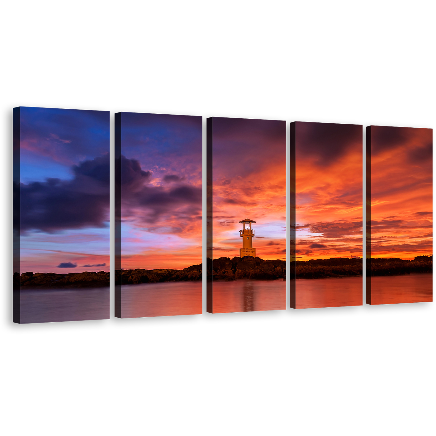 Lighthouse Island Canvas Print, Light Beacon Near Red Lake Wall Art, Orange Sunset Khao Lake 5 Piece Multi Canvas