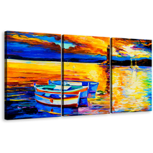 Load image into Gallery viewer, Lighthouse Reflection Canvas Print, Yellow Orange Ocean 3 Piece Wall Art, Blue Boat Ship Multi Canvas
