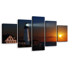 Load image into Gallery viewer, Lighthouse Sunset Canvas Wall Art, White Portland Head Light 5 Piece Canvas Print, Lighthouse Cliff Houses Orange Sky Canvas Set
