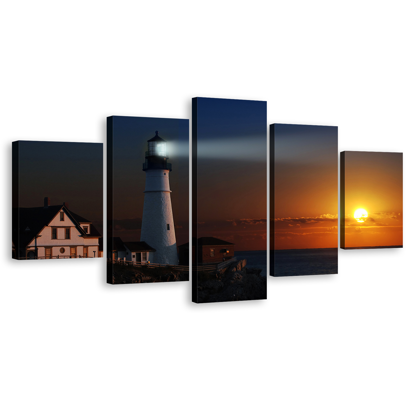 Lighthouse Sunset Canvas Wall Art, White Portland Head Light 5 Piece Canvas Print, Lighthouse Cliff Houses Orange Sky Canvas Set