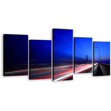 Load image into Gallery viewer, Lights Sunset Canvas Print, Red White Light Trail 5 Piece Wall Art, Highway Blue Sky Multiple Canvas
