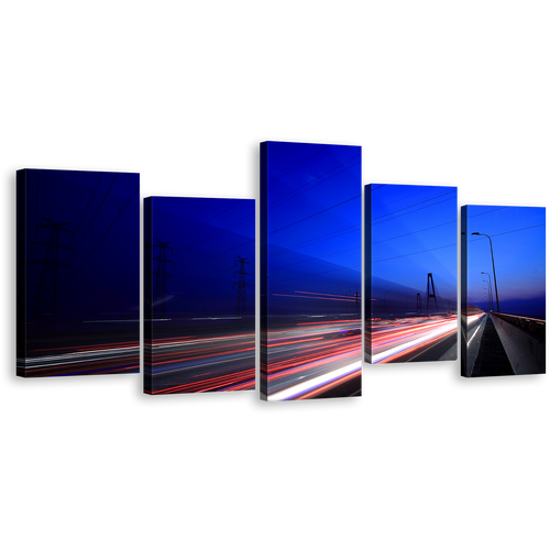 Lights Sunset Canvas Print, Red White Light Trail 5 Piece Wall Art, Highway Blue Sky Multiple Canvas