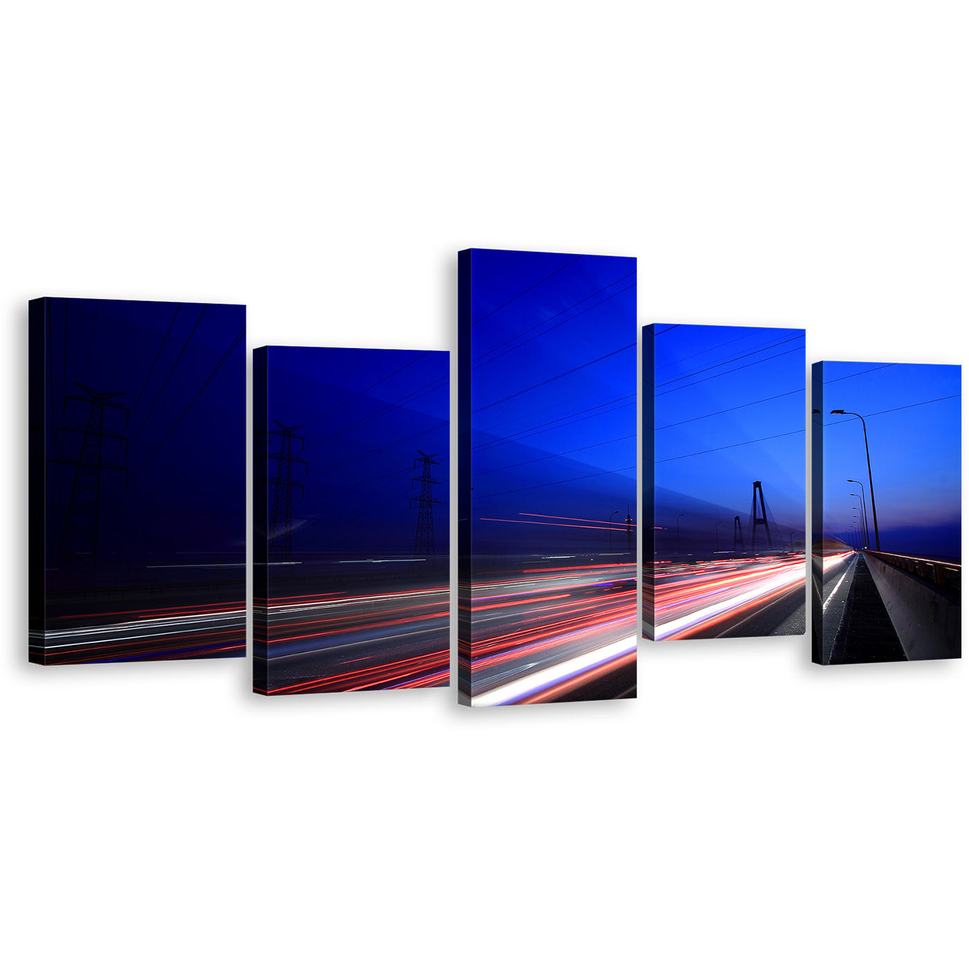 Lights Sunset Canvas Print, Red White Light Trail 5 Piece Wall Art, Highway Blue Sky Multiple Canvas