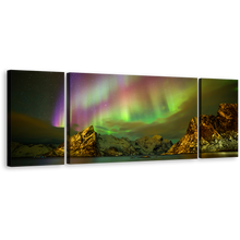 Load image into Gallery viewer, Lilandstinden Aurora Canvas Wall Art, Green Purple Northern Lights Over Lofoten Islands 3 Piece Canvas Print
