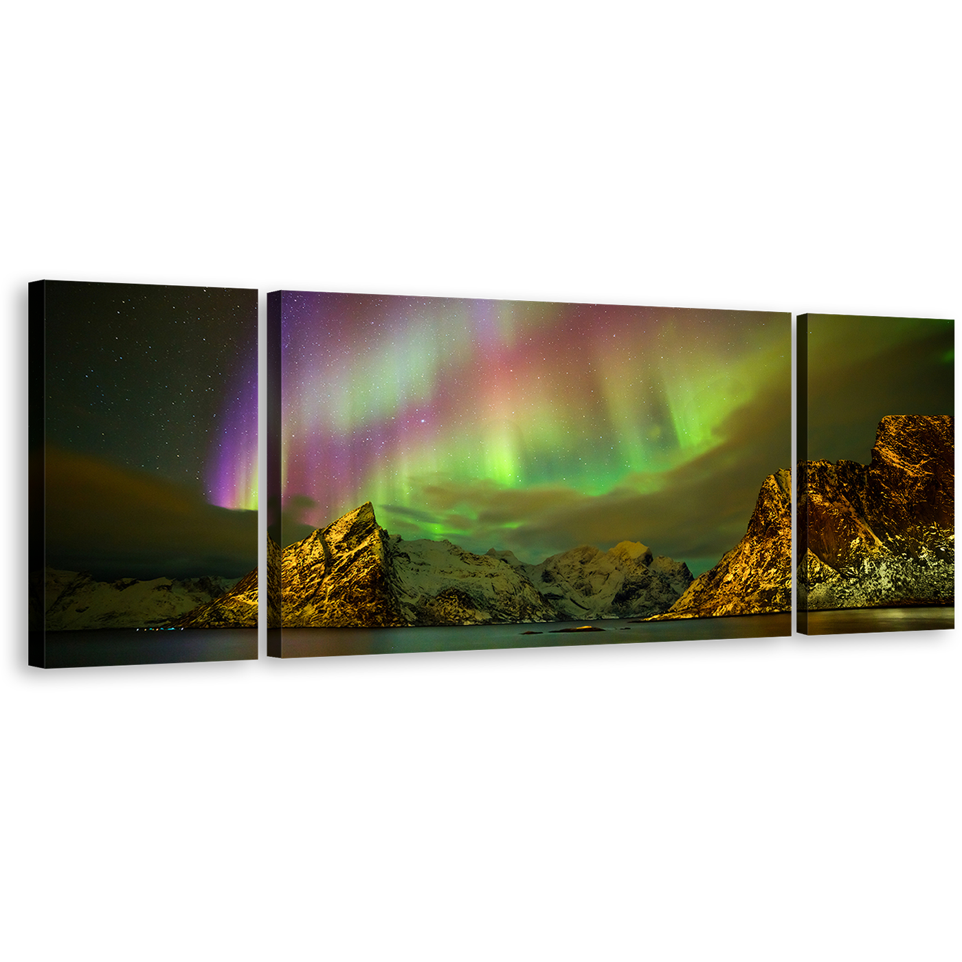 Lilandstinden Aurora Canvas Wall Art, Green Purple Northern Lights Over Lofoten Islands 3 Piece Canvas Print