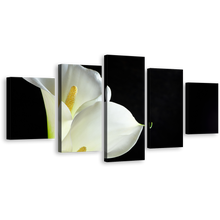 Load image into Gallery viewer, Lily Floral Canvas Wall Art, Black Background Isolated Flower 5 Piece Canvas Print, White Calla Lilies Canvas Set
