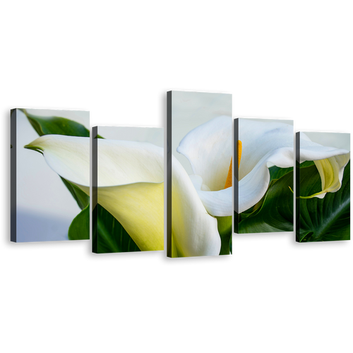 Lily Flowers Canvas Print, White Arum Lily 5 Piece Canvas Wall Art, Zantedeschia Aethiopica Green Leaves Floral Multi Canvas Artwork