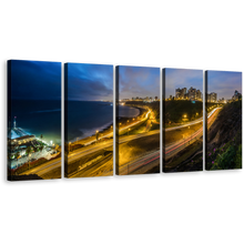 Load image into Gallery viewer, Lima Cityscape Canvas Wall Art, Yellow Peru Night Skyline 5 Piece Canvas Set, Beautiful Blue City Beach Lights Canvas Print
