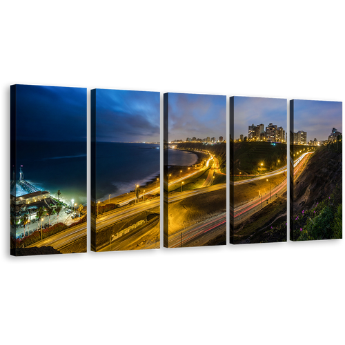 Lima Cityscape Canvas Wall Art, Yellow Peru Night Skyline 5 Piece Canvas Set, Beautiful Blue City Beach Lights Canvas Print