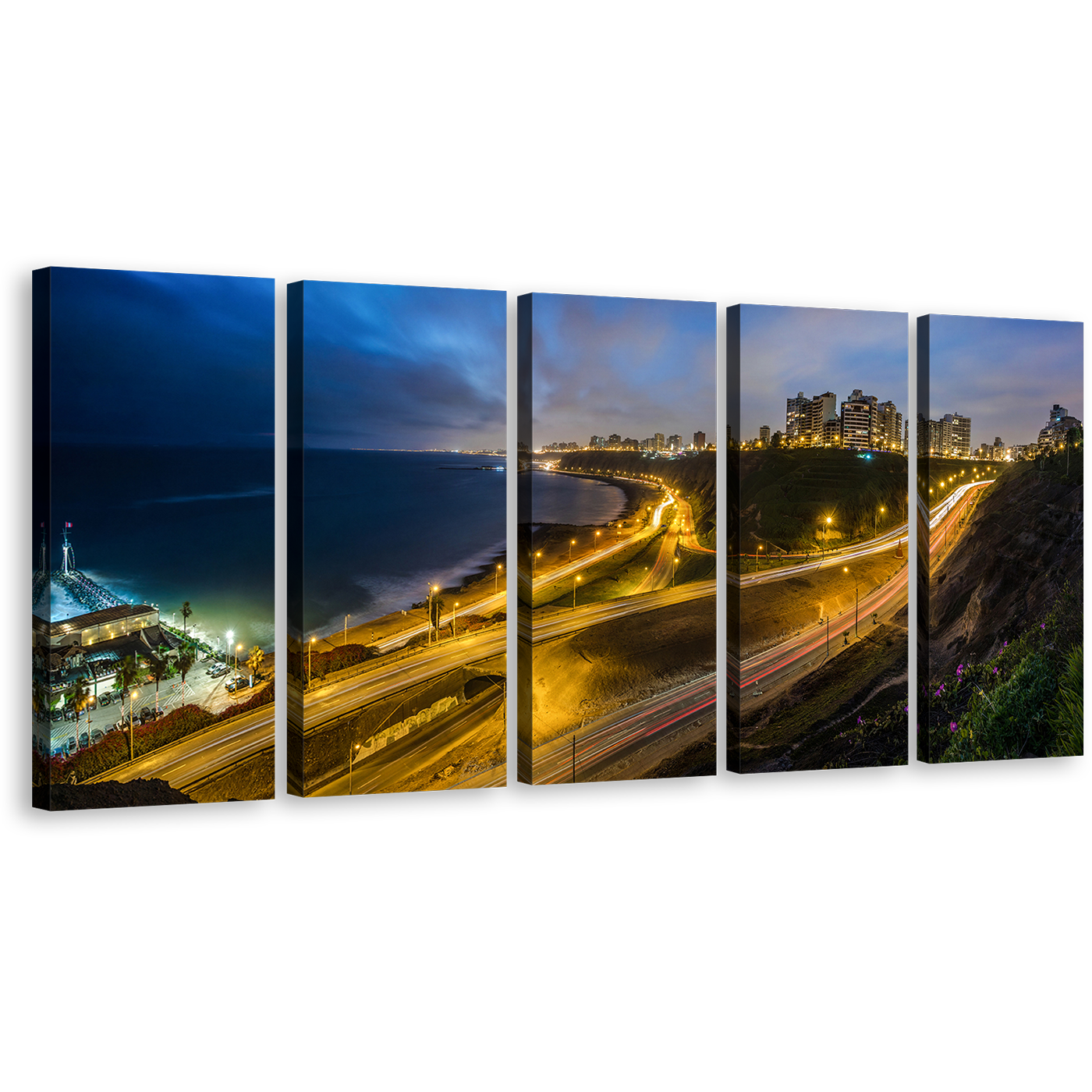 Lima Cityscape Canvas Wall Art, Yellow Peru Night Skyline 5 Piece Canvas Set, Beautiful Blue City Beach Lights Canvas Print