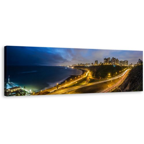 Lima Cityscape Canvas Wall Art, Yellow Peru Night Skyline Panoramic Canvas Print, Beautiful Blue City Beach Lights 1 Piece Canvas