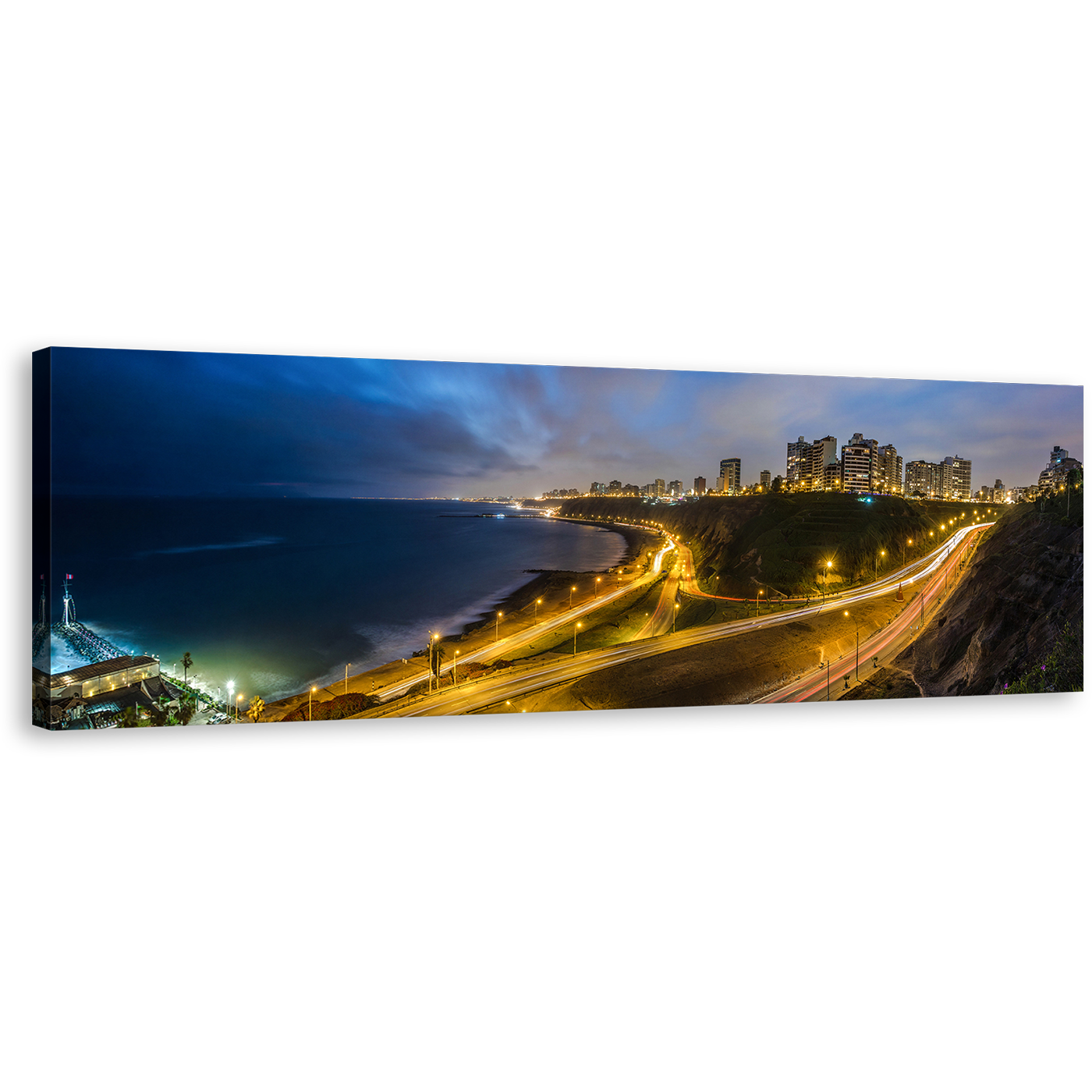 Lima Cityscape Canvas Wall Art, Yellow Peru Night Skyline Panoramic Canvas Print, Beautiful Blue City Beach Lights 1 Piece Canvas