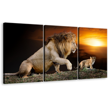 Load image into Gallery viewer, Lion Animal Canvas Wall Art, Brown Lion Mountain 3 Piece Canvas Print, Lion and Cub Yellow Sunset Multiple Canvas
