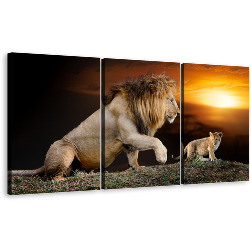 Lion Animal Canvas Wall Art, Brown Lion Mountain 3 Piece Canvas Print, Lion and Cub Yellow Sunset Multiple Canvas