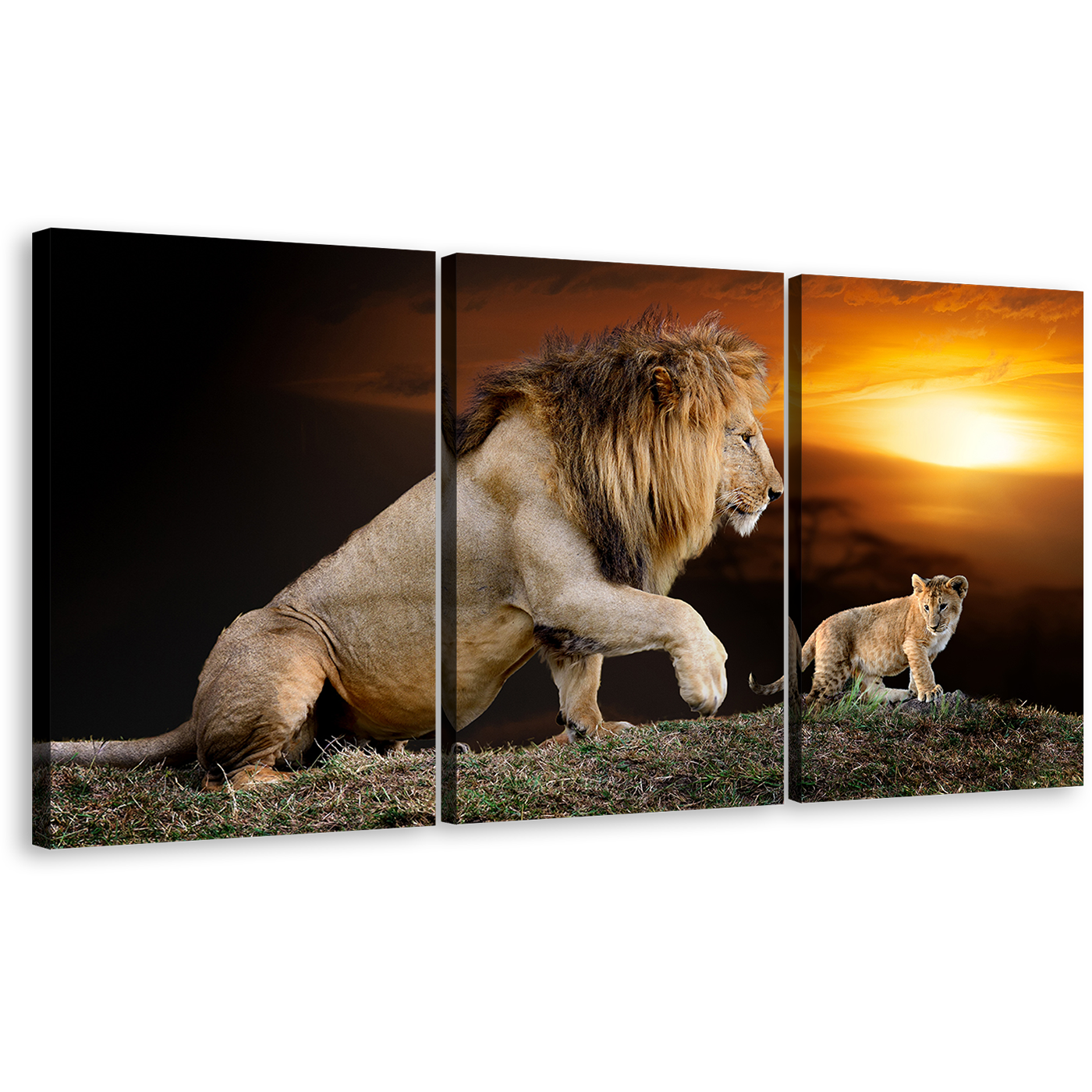 Lion Animal Canvas Wall Art, Brown Lion Mountain 3 Piece Canvas Print, Lion and Cub Yellow Sunset Multiple Canvas