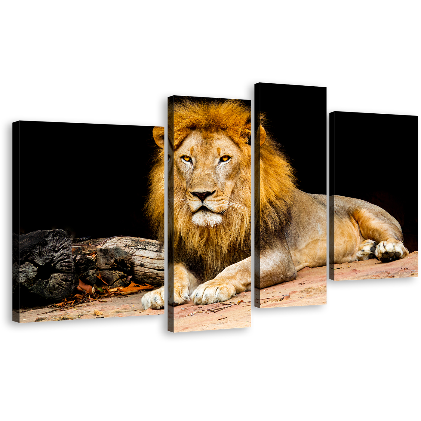 Lion Animal Canvas Wall Art, Lion Animal 4 Piece Canvas Print, Yellow Orange Lion Looking Multi Canvas Artwork