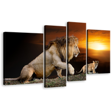 Load image into Gallery viewer, Lion Landscape Canvas Wall Art, King of the Jungle 4 Piece Canvas, Lion and Cub Yellow Sunset Canvas Artwork, Brown Lion Mountain Canvas Print
