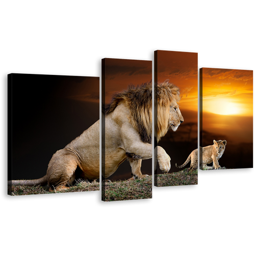 Lion Landscape Canvas Wall Art, King of the Jungle 4 Piece Canvas, Lion and Cub Yellow Sunset Canvas Artwork, Brown Lion Mountain Canvas Print