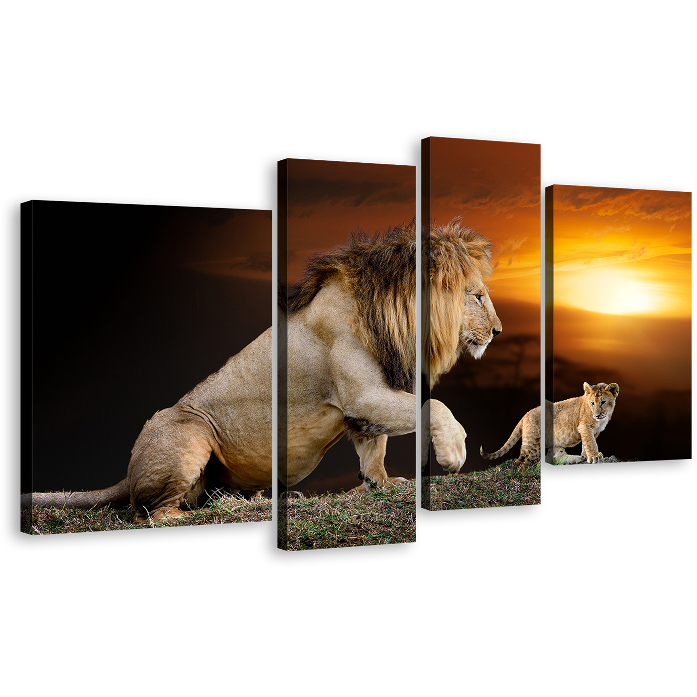 Lion Landscape Canvas Wall Art, King of the Jungle 4 Piece Canvas, Lion and Cub Yellow Sunset Canvas Artwork, Brown Lion Mountain Canvas Print