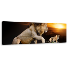 Load image into Gallery viewer, Lion Mountain Canvas Print, Lion and Cub Yellow Sunset 1 Piece Canvas Wall Art, Brown Lion in Nature Canvas Artwork
