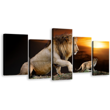 Load image into Gallery viewer, Lion Nature Canvas Wall Art, Brown Lion and Cub Landscape 5 Piece Canvas Print, Lion Mountain Yellow Sunset Multi Canvas
