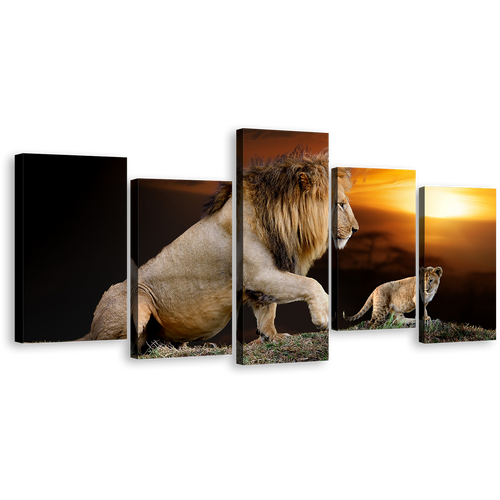 Lion Nature Canvas Wall Art, Brown Lion and Cub Landscape 5 Piece Canvas Print, Lion Mountain Yellow Sunset Multi Canvas