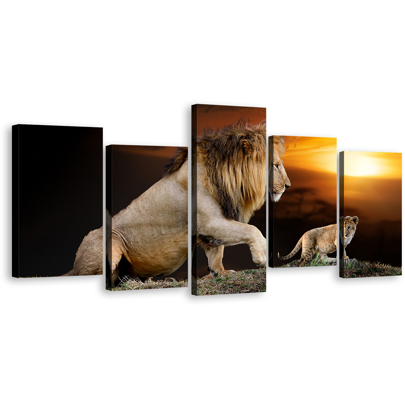 Lion Nature Canvas Wall Art, Brown Lion and Cub Landscape 5 Piece Canvas Print, Lion Mountain Yellow Sunset Multi Canvas