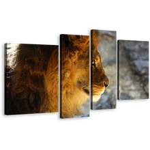 Load image into Gallery viewer, Lion Profile Canvas Print, Yellow Orange Lion Head 4 Piece Canvas Wall Art, Wild Cat Animal Multiple Canvas
