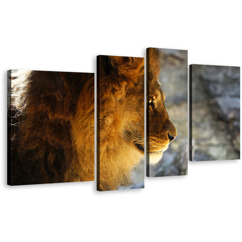 Lion Profile Canvas Print, Yellow Orange Lion Head 4 Piece Canvas Wall Art, Wild Cat Animal Multiple Canvas