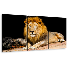 Load image into Gallery viewer, Lion Sitting Canvas Wall Art, Yellow Orange Lion Animal Portrait 3 Piece Canvas, King of The Jungle Canvas Print
