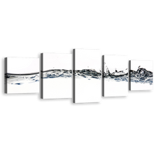 Load image into Gallery viewer, Liquid Water Canvas Wall Art, Grey White Abstract Water Splash 5 Piece Canvas Print, Water Splashing Digital Artwork
