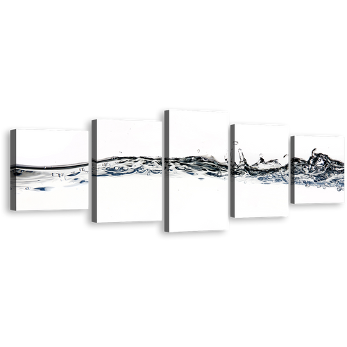 Liquid Water Canvas Wall Art, Grey White Abstract Water Splash 5 Piece Canvas Print, Water Splashing Digital Artwork