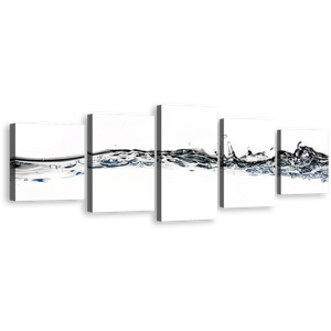 Liquid Water Canvas Wall Art, Grey White Abstract Water Splash 5 Piece Canvas Print, Water Splashing Digital Artwork