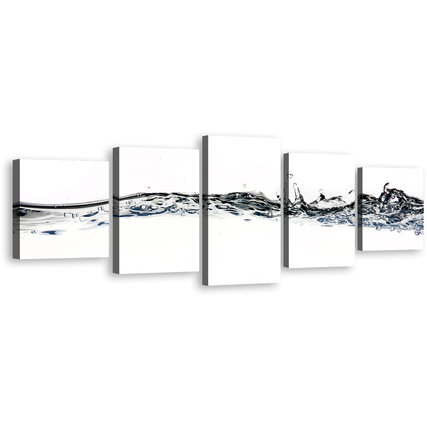 Liquid Water Canvas Wall Art, Grey White Abstract Water Splash 5 Piece Canvas Print, Water Splashing Digital Artwork