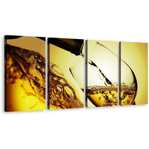 Liquor Bottle Canvas Print, White Wine Pouring 4 Piece Canvas Wall Art, Yellow Wine Glass Close Up Multi Canvas