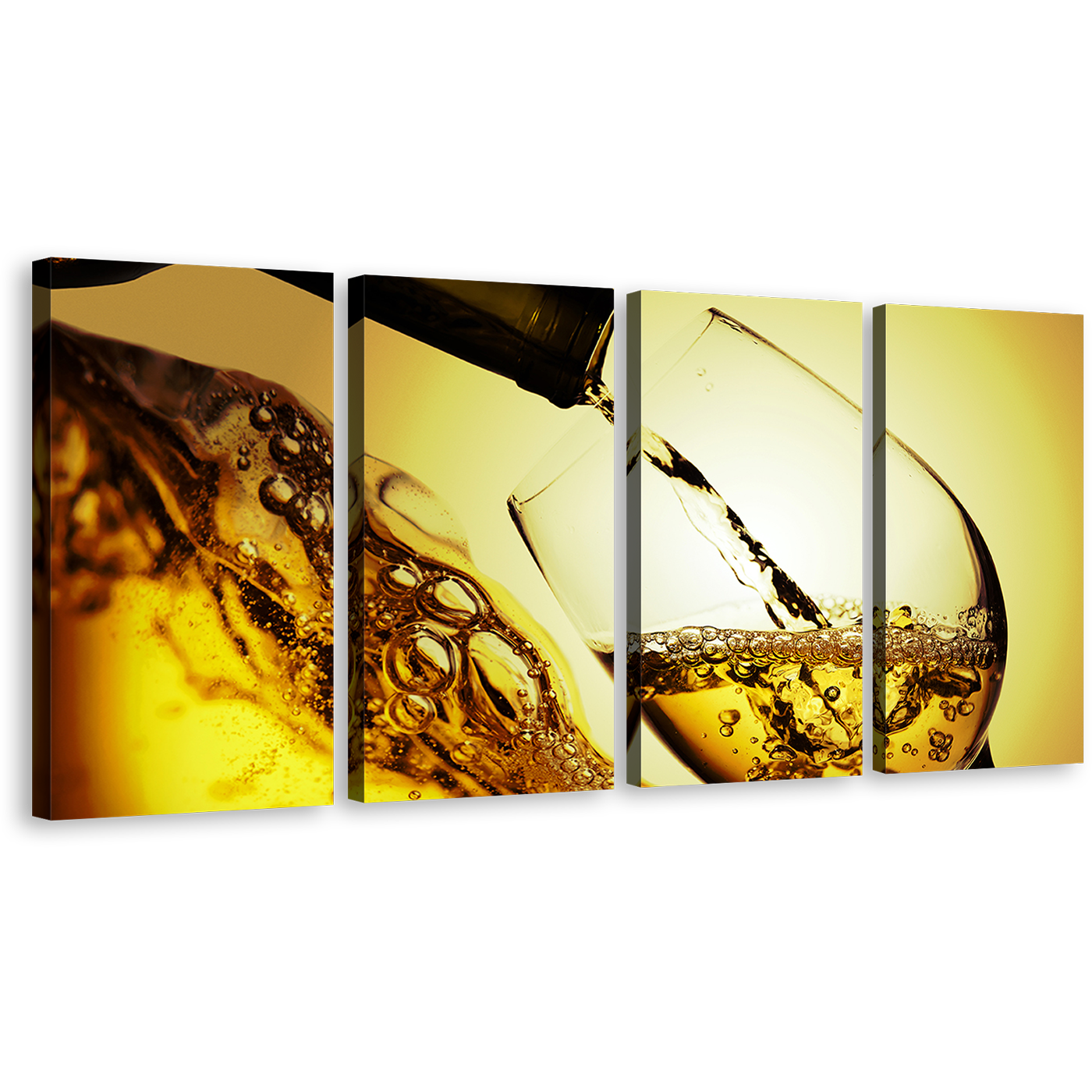 Liquor Bottle Canvas Print, White Wine Pouring 4 Piece Canvas Wall Art, Yellow Wine Glass Close Up Multi Canvas