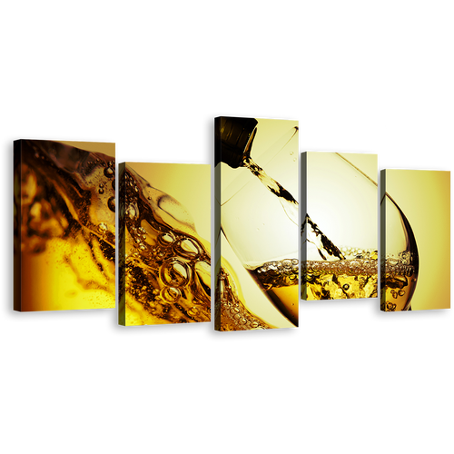 Liquor Glass Canvas Wall Art, Yellow Wine Glass Close Up 5 Piece Canvas Print, White Wine Pouring Canvas Set