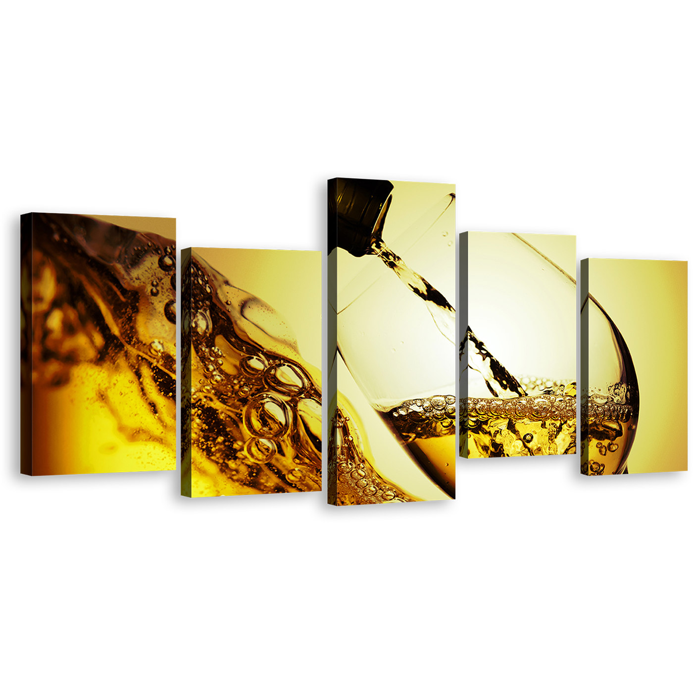 Liquor Glass Canvas Wall Art, Yellow Wine Glass Close Up 5 Piece Canvas Print, White Wine Pouring Canvas Set