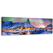 Load image into Gallery viewer, Lofoten Island Wall Art, Yellow Lights Forecast Norway Aurora Borealis Canvas Print, Archipelago Blue Snowy Mountains Panoramic Canvas
