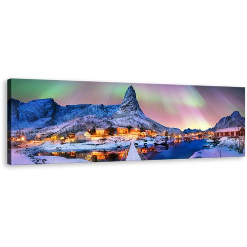 Lofoten Island Wall Art, Yellow Lights Forecast Norway Aurora Borealis Canvas Print, Archipelago Blue Snowy Mountains Panoramic Canvas