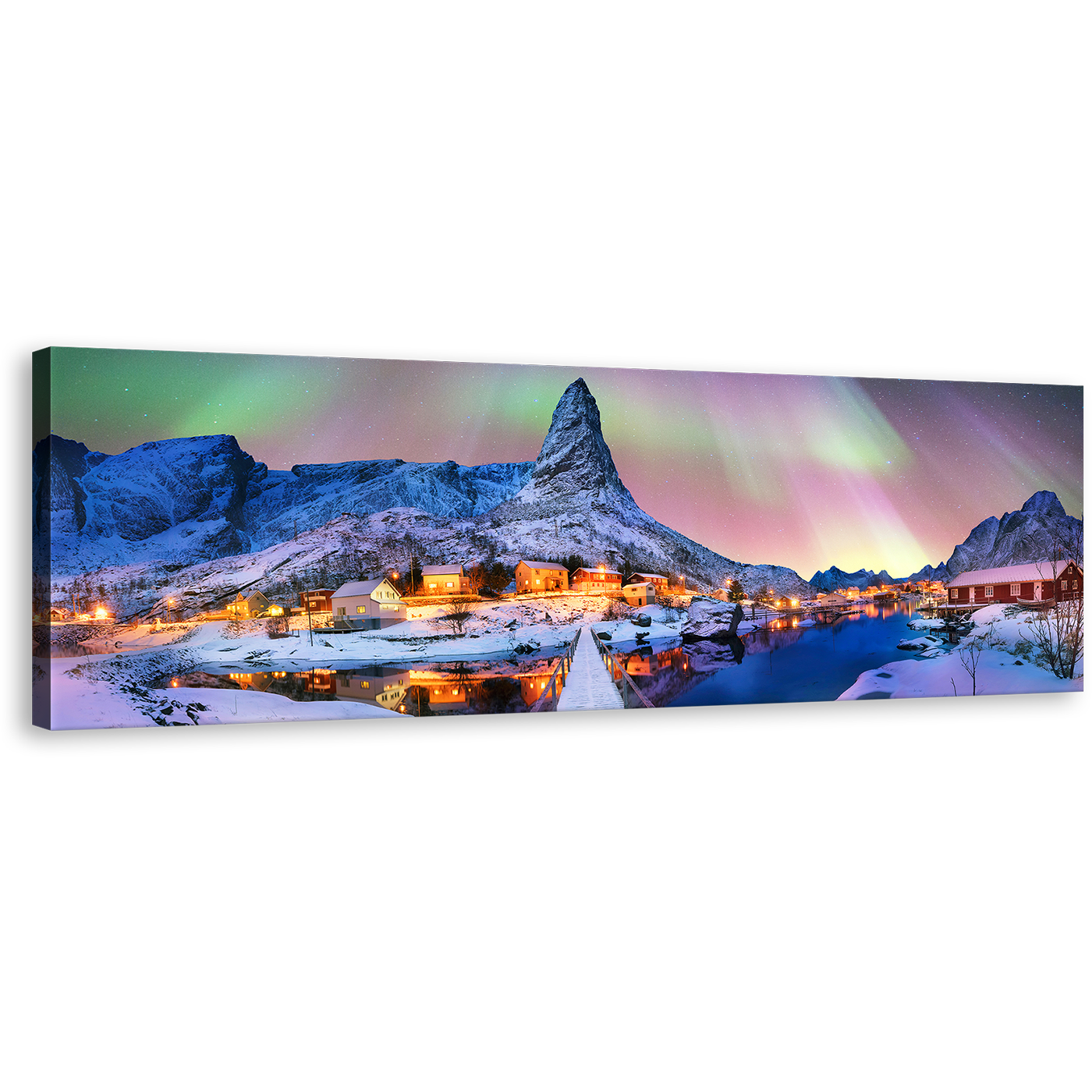 Lofoten Island Wall Art, Yellow Lights Forecast Norway Aurora Borealis Canvas Print, Archipelago Blue Snowy Mountains Panoramic Canvas