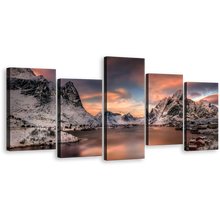 Load image into Gallery viewer, Lofoten Islands Canvas Print, Grey Reinevagen Mountains Cloudy Sky Wall Art, Norway Orange Sunset City Mountain 5 Piece Canvas Set
