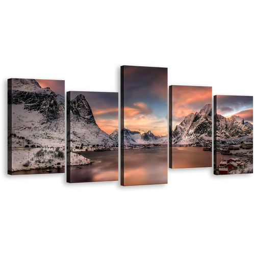 Lofoten Islands Canvas Print, Grey Reinevagen Mountains Cloudy Sky Wall Art, Norway Orange Sunset City Mountain 5 Piece Canvas Set