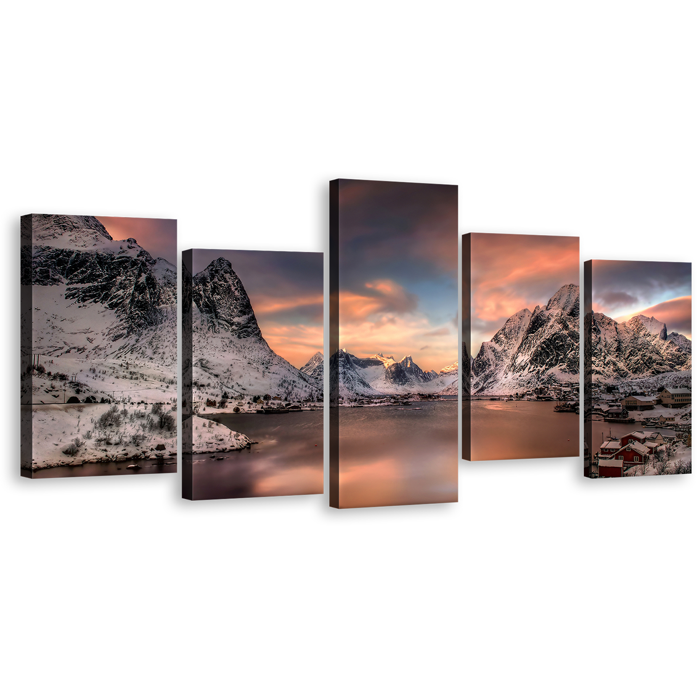 Lofoten Islands Canvas Print, Grey Reinevagen Mountains Cloudy Sky Wall Art, Norway Orange Sunset City Mountain 5 Piece Canvas Set