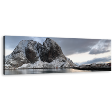 Load image into Gallery viewer, Lofoten Islands Canvas Print, White Hamnoy Harbor Panoramic Canvas Art, Grey Mountain River 1 Piece Wall Art
